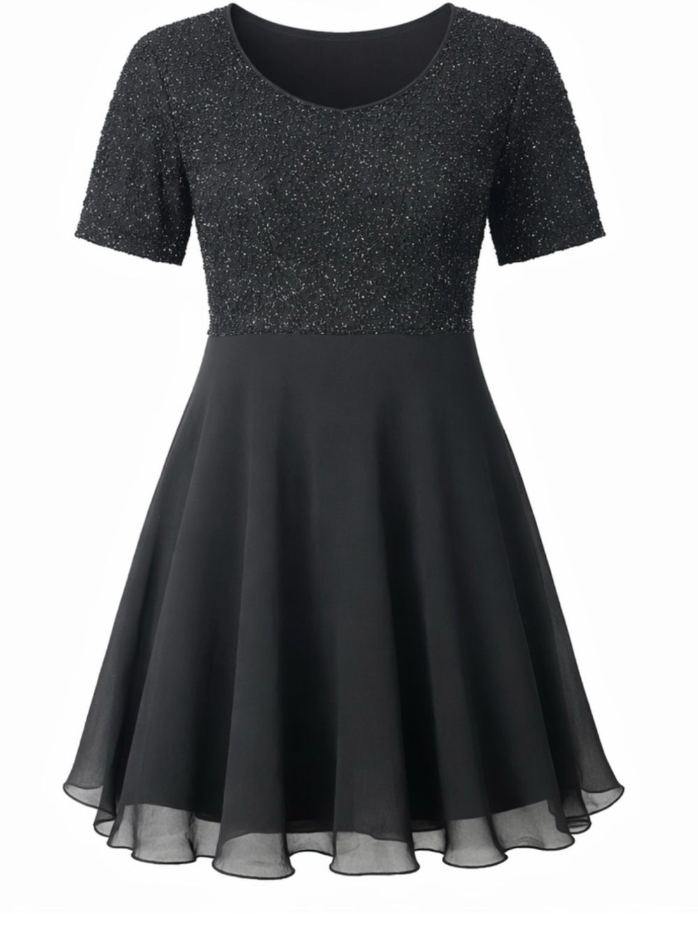 Laurence Kazar Black Beaded Short-Sleeve Party Dress